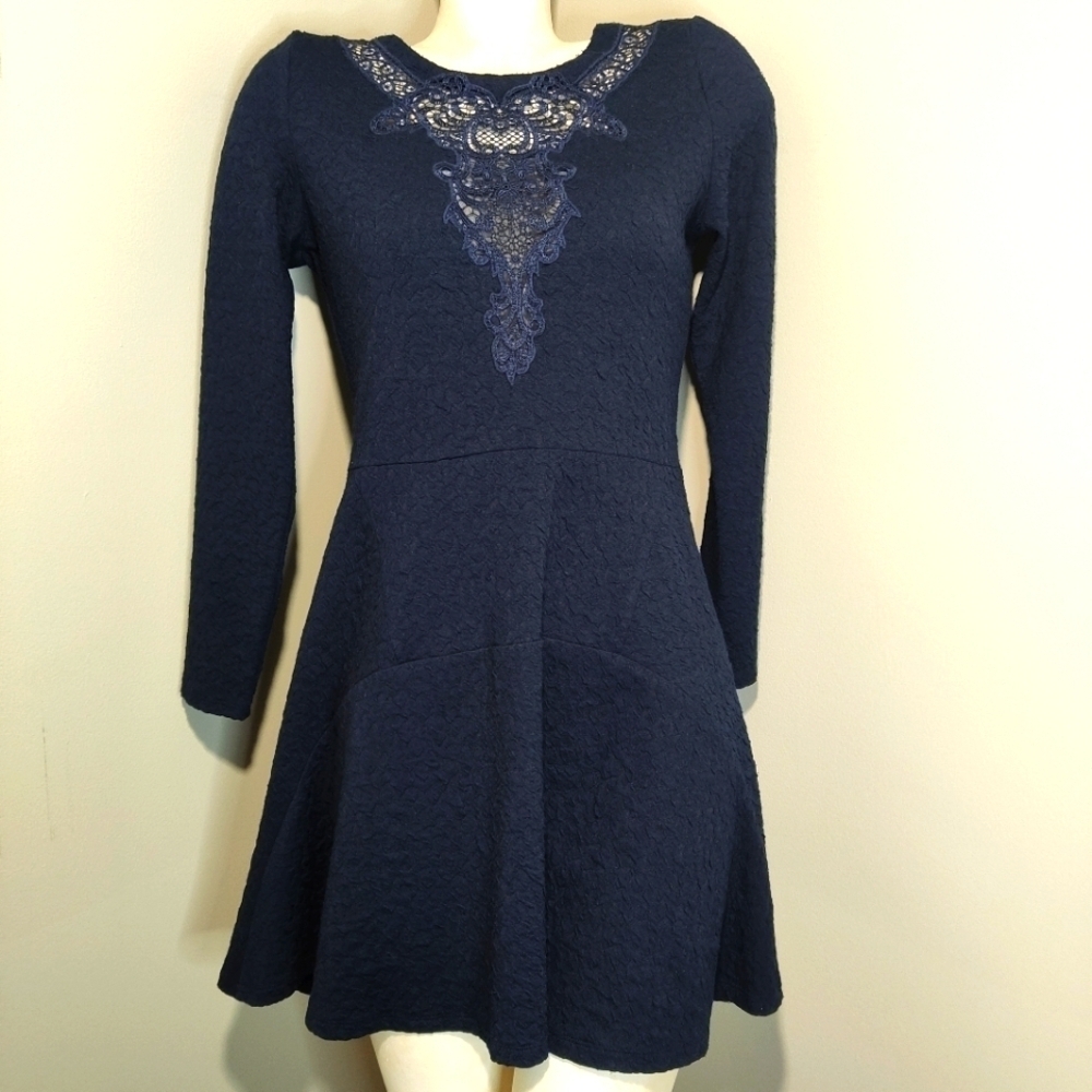 THE KOOPLES Navy Blue Fit & Flare textured Dress S lace Detail Stretch S M - Picture 3 of 12